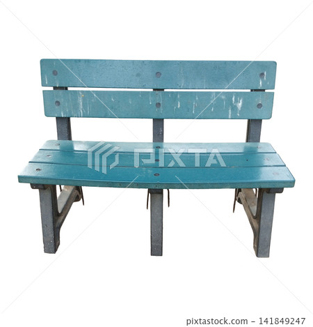Isolated empty weathered green wooden park bench showing chipped paint and rusty metal supports Isolated empty weathered green wooden park bench showing chipped paint and rusty metal supports 141849247