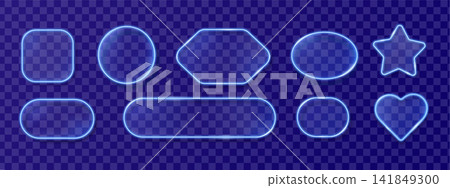 Futuristic cyan glass UI buttons set with glowing blue gradient outlines. Rounded square, circle, oval, capsule, tag, heart and star shapes with transparent glossy effect isolated on transparent 141849300