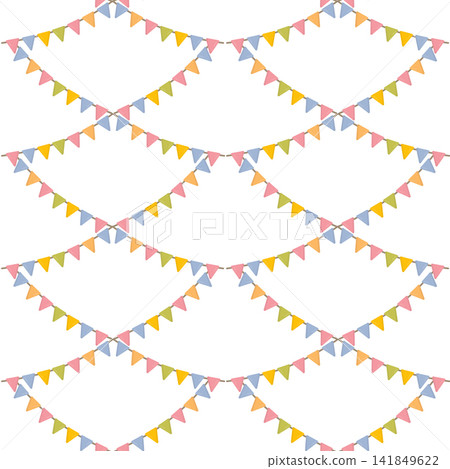 Seamless colorful pattern of garlands of flags. Flat style vector illustration with triangular flags for festive gift wrapping, nursery textiles, invitations, posters, and party room decor. 141849622