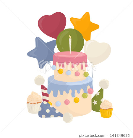 Birthday cake with balloons, hats and cupcakes. Vector illustration in soft pastel flat style. Festive party composition for greeting cards, invitations, posters, packaging, labels, and nursery decor. Birthday cake with balloons, hats and cupcakes. Vector illustration in soft pastel flat style. Festive party composition for greeting cards, invitations, posters, packaging, labels, and nursery decor. 141849625