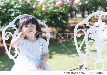 A young Japanese girl sitting on a white iron chair in a rose garden. A young Japanese girl sitting on a white iron chair in a rose garden. 141850060