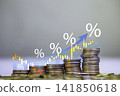 stock graph on the coin pool represents the inflation growth rate. Online investment and financial growth concept, with stock market chart overlay on laptop outdoors green background 141850618