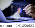 Keyhole icon in. personal data security Illustrates cyber data or information privacy idea. businessman in suit at workplace working with laptop to defend customer cyber security. 141850623