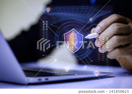 Keyhole icon in. personal data security Illustrates cyber data or information privacy idea. businessman in suit at workplace working with laptop to defend customer cyber security. Keyhole icon in. personal data security Illustrates cyber data or information privacy idea. businessman in suit at workplace working with laptop to defend customer cyber security. 141850623