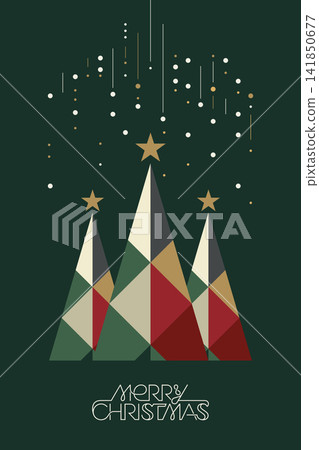 Abstract geometric Christmas tree and snowfall modern retro style with Merry Christmas calligraphy on green background vertical template 141850677