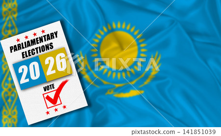 Kazakhstan parliamentary elections with flag in the background. Ballot on a Kazakh flag, concept Kazakhstan parliamentary elections with flag in the background. Ballot on a Kazakh flag, concept 141851039