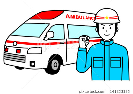 An ambulance and a male paramedic making a victory pose. An ambulance and a male paramedic making a victory pose. 141853325
