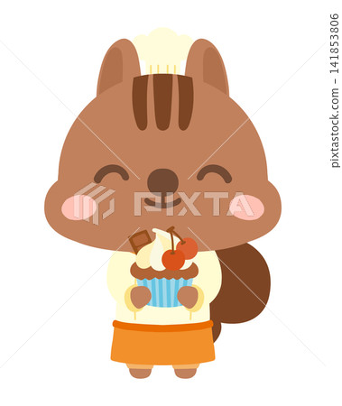 An illustration of a pastry chef squirrel holding a cake. 141853806