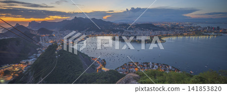 Evening lights of Rio de Janeiro from Sugarloaf Mountain, panoramic Brazil cityscape in blue hour with copy space Evening lights of Rio de Janeiro from Sugarloaf Mountain, panoramic Brazil cityscape in blue hour with copy space 141853820