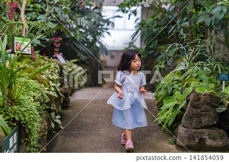 A young Japanese girl looks back on a lush green path in a tropical botanical garden. 141854059