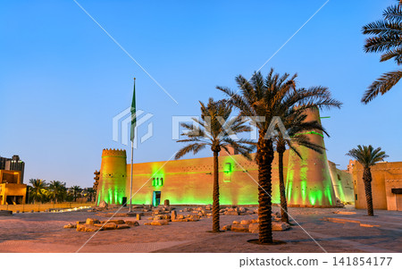 Historic Al Masmak Fort illuminated at dusk in Riyadh Historic Al Masmak Fort illuminated at dusk in Riyadh 141854177