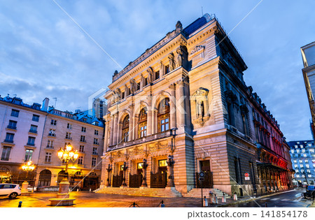 Historic Opera Comique theater building at twilight in Paris France Historic Opera Comique theater building at twilight in Paris France 141854178