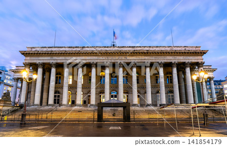 Exterior view of Palais Brongniart in Paris France at twilight 141854179
