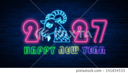Happy Chinese new year of goat colorful neon light effect outline Happy Chinese new year of goat colorful neon light effect outline 141854533
