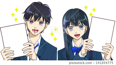 Anime-style illustration of high school or junior high school boys and girls rejoicing about their improved grades, white background Anime-style illustration of high school or junior high school boys and girls rejoicing about their improved grades, white background 141854775