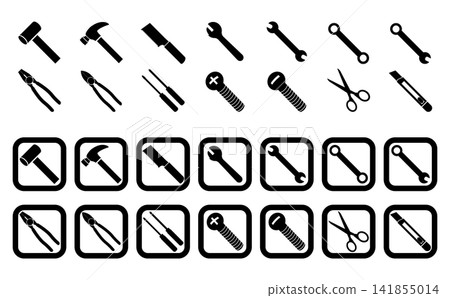 A set of emoji-style silhouette illustrations of various types of tools. A set of emoji-style silhouette illustrations of various types of tools. 141855014