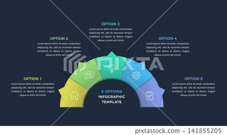 Semi Circular Infographic Template with Five Steps Semi Circular Infographic Template with Five Steps 141855205