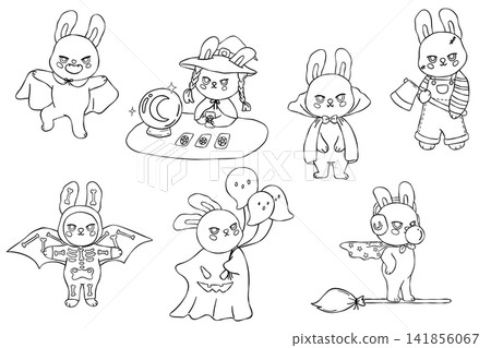 Halloween Bunny Coloring Page Set with Witch Vampire Ghost Skeleton and Cute Costumes for Kids Halloween Bunny Coloring Page Set with Witch Vampire Ghost Skeleton and Cute Costumes for Kids 141856067