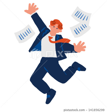 A hand-drawn illustration of a businessman jumping with documents flying through the air. A hand-drawn illustration of a businessman jumping with documents flying through the air. 141856299