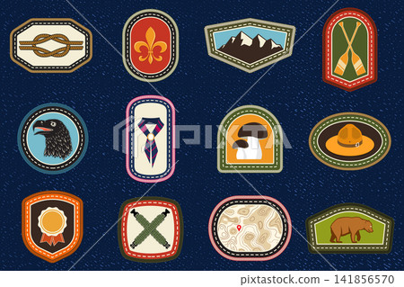 12 Scout Merit Badges Vector Collection, Vintage Embroidery Patch Set with Outdoor Skills, Wildlife, Navigation, Camping and Nature Symbols 12 Scout Merit Badges Vector Collection, Vintage Embroidery Patch Set with Outdoor Skills, Wildlife, Navigation, Camping and Nature Symbols 141856570