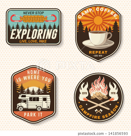 Vintage Outdoor Camping Badge Collection Vector, Retro Embroidery Patch Set with Explore, Camp Coffee, Camper Van and Campfire Adventure Stickers Vintage Outdoor Camping Badge Collection Vector, Retro Embroidery Patch Set with Explore, Camp Coffee, Camper Van and Campfire Adventure Stickers 141856593