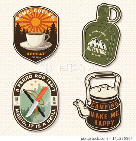 Vintage Camping Gear Badge Collection Vector, Retro Embroidery Patch Set with Camp Coffee, Adventure Flask, Ferro Rod and Outdoor Kettle Stickers Vintage Camping Gear Badge Collection Vector, Retro Embroidery Patch Set with Camp Coffee, Adventure Flask, Ferro Rod and Outdoor Kettle Stickers 141856594