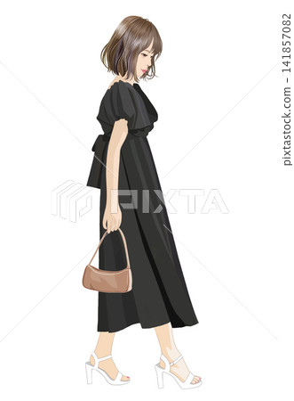 An illustration of a chic young woman walking with her head bowed. An illustration of a chic young woman walking with her head bowed. 141857082