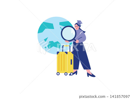 Illustration of a woman considering a study abroad destination. Illustration of a woman considering a study abroad destination. 141857097