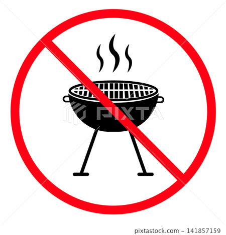 No grill sign. No barbecue symbol. BBQ prohibited sign with circle logo. Grilling prohibited. flat style. No grill sign. No barbecue symbol. BBQ prohibited sign with circle logo. Grilling prohibited. flat style. 141857159