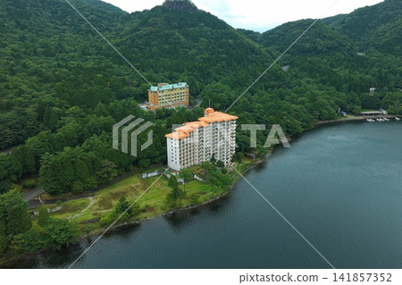 Aerial photograph capturing Lake Haruna and the mountain range in Gunma Prefecture. Aerial photograph capturing Lake Haruna and the mountain range in Gunma Prefecture. 141857352