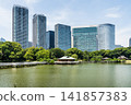 The Shioiri-no-ike (Tidal Pond) of the Hama-rikyu Gardens in Chuo City, Tokyo, Japan, with high-rise buildings near Shiodome. It was formerly the Tokugawa family's villa in the 17th century. 141857383
