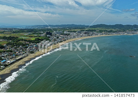 Aerial photograph capturing the sandy beaches, coastline, and residential areas of Miura City, Kanagawa Prefecture. Aerial photograph capturing the sandy beaches, coastline, and residential areas of Miura City, Kanagawa Prefecture. 141857473