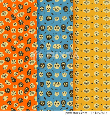 seamless pattern collection with day of the dead calaveras vector illustration. seamless pattern collection with day of the dead calaveras vector illustration. 141857814