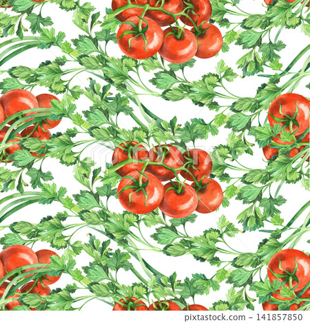 Seamless pattern of the green onion, tomatoes cherry and parsley. Watercolor illustration. Handmade art work. For packaging design, cards, cover, prints, product labels and fabric. Seamless pattern of the green onion, tomatoes cherry and parsley. Watercolor illustration. Handmade art work. For packaging design, cards, cover, prints, product labels and fabric. 141857850