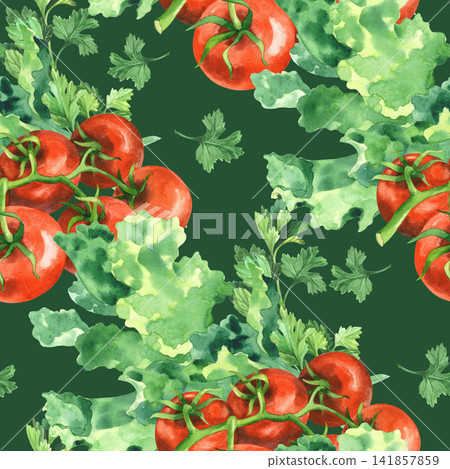 Seamless pattern of the lettuce, tomatoes and parsley on a green background. Watercolor illustration. Handmade art work. For packaging design, cards, cover, prints, product labels and fabric. 141857859