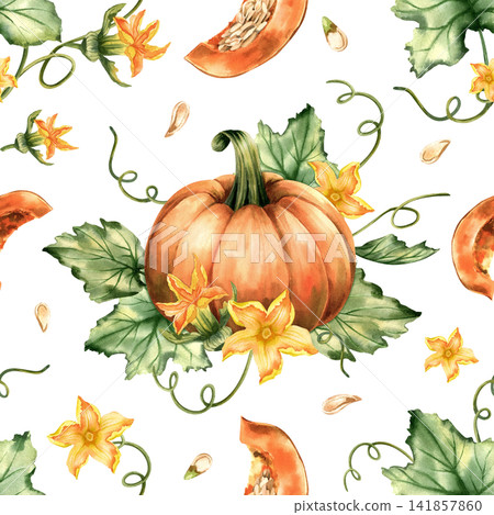 Artistic pumpkins seamless pattern. Watercolor autumn orange vegetable with picturesque leaves and blossom isolated from background. Hand drawn illustration for fall harvest holidays, printing 141857860