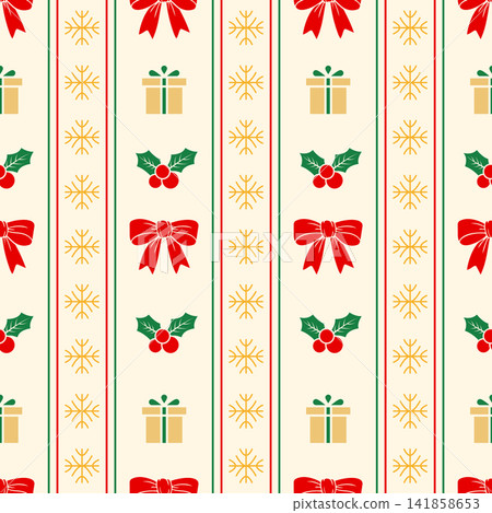 Festive Christmas seamless pattern with gifts, red bows, holly berries, snowflakes and stripes Festive Christmas seamless pattern with gifts, red bows, holly berries, snowflakes and stripes 141858653