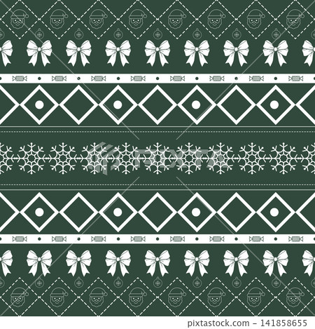 Green holiday knitted pattern background with Santa Claus, snowflakes, bows and geometric ornament Green holiday knitted pattern background with Santa Claus, snowflakes, bows and geometric ornament 141858655