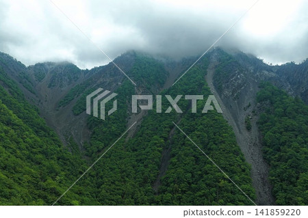 Aerial photograph capturing the steep slopes and landslide site of Otani-kuzure in Shizuoka Prefecture. Aerial photograph capturing the steep slopes and landslide site of Otani-kuzure in Shizuoka Prefecture. 141859220
