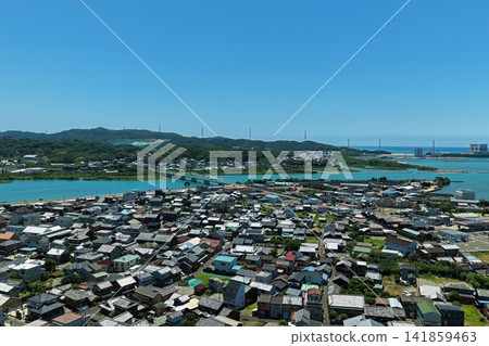 Aerial photograph capturing a residential area and river in Gobo City, Wakayama Prefecture. Aerial photograph capturing a residential area and river in Gobo City, Wakayama Prefecture. 141859463