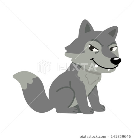 Cartoon Gray Wolf Character with Sly Smirking Expression Cartoon Gray Wolf Character with Sly Smirking Expression 141859646