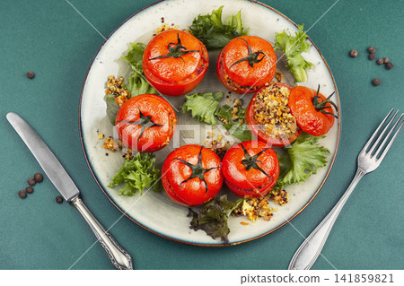 Colorful Quinoa Stuffed Tomatoes with Leafy Green Salad Colorful Quinoa Stuffed Tomatoes with Leafy Green Salad 141859821