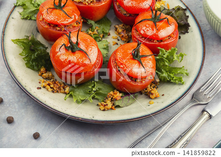 Mediterranean Style Stuffed Tomatoes with Quinoa and Vegetables Mediterranean Style Stuffed Tomatoes with Quinoa and Vegetables 141859822