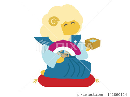 A New Year's card illustration for 2027, the Year of the Sheep, featuring a sheep holding a sake cup and a fan. A New Year's card illustration for 2027, the Year of the Sheep, featuring a sheep holding a sake cup and a fan. 141860124