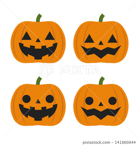 A set of illustrations of Jack-o'-lanterns with various expressions. 141860844