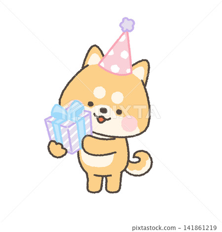 一隻棕色的柴犬，戴著派對帽，手裡拿著禮物。 141861219