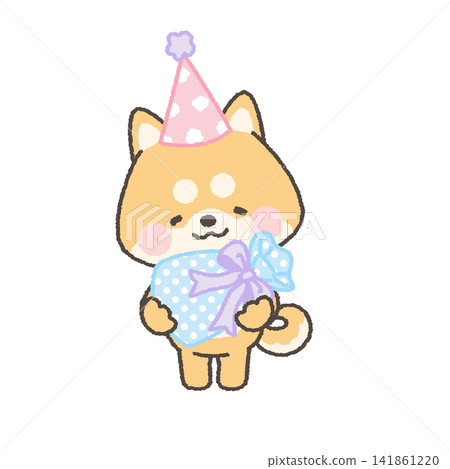 一隻棕色的柴犬，戴著派對帽，手裡拿著禮物。 141861220