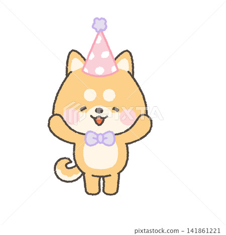 一隻棕色的柴犬,戴著派對帽和領結。 一隻棕色的柴犬,戴著派對帽和領結。 141861221