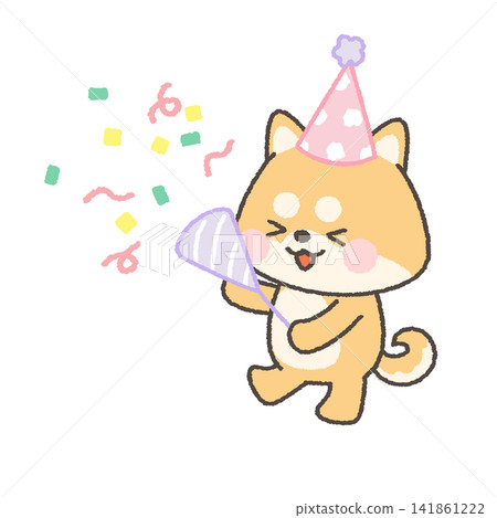 一隻棕色的柴犬，戴著一頂會發出爆竹聲的派對帽。 141861222