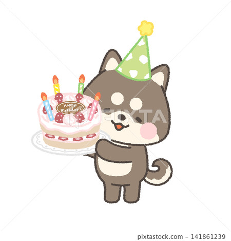 A black Shiba Inu wearing a party hat and holding a whole cake. A black Shiba Inu wearing a party hat and holding a whole cake. 141861239